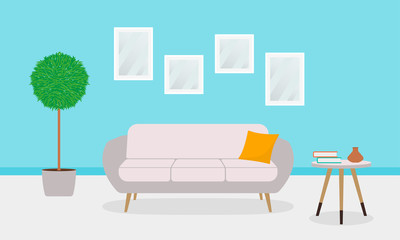 Living room interior with sofa or couch, plant, pictures on the wall. Modern house lounge design. Vector illustration.