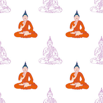 Yoga pattern design with Buddha in meditation pose.