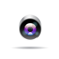 Modern icon with camera lens on white background.