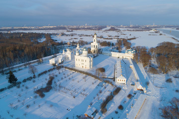 Obraz premium St. George Monastery on a frosty January day (aerial photography). Veliky Novgorod, Russia