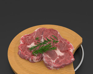 3d Illustration of red raw meat on wooden board on black background.