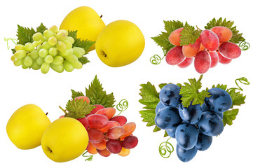 Fresh yellow apples and grapes isolated on white background with clipping path