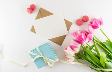 Pink and white bouquet of tulips on white background.