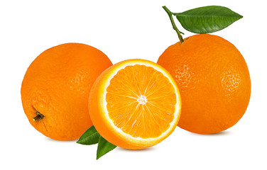 Juicy orange with leaves isolated on white background with clipping path