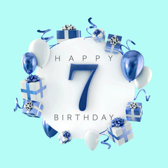 Happy 7th birthday party composition with balloons and presents. 3D Render
