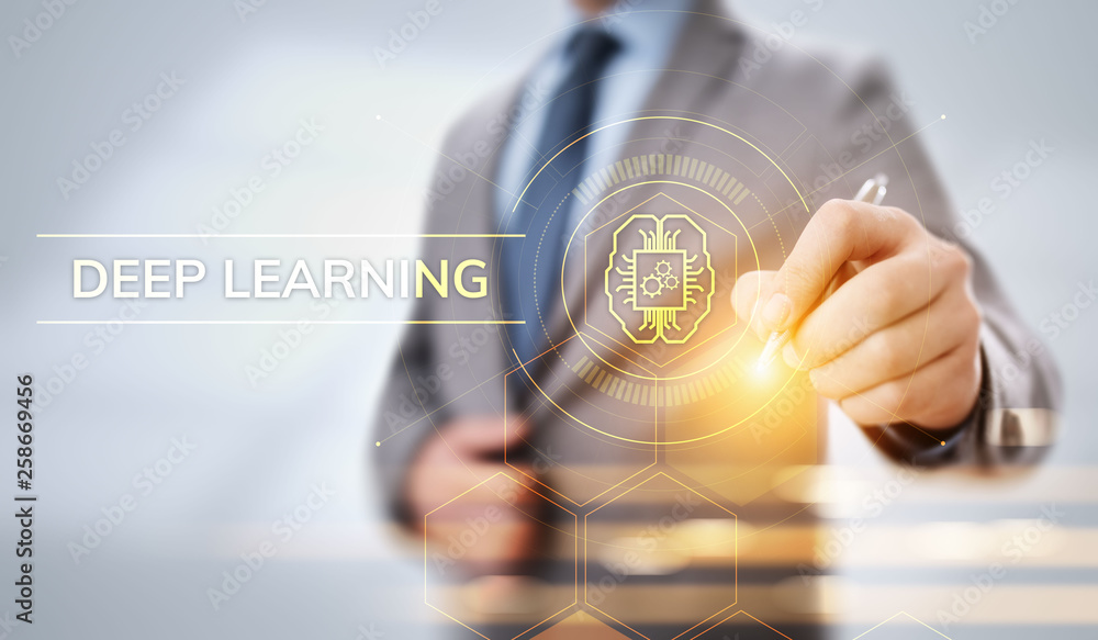 Poster deep machine learning artificial intelligence technology concept. businessman pointing on screen.