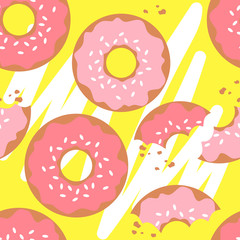Seamless pattern with hand drawn donuts. Vector illustration, collection of confectionery. Colorful overlapping background with food. Decorative colored wallpaper, good for printing for cafe