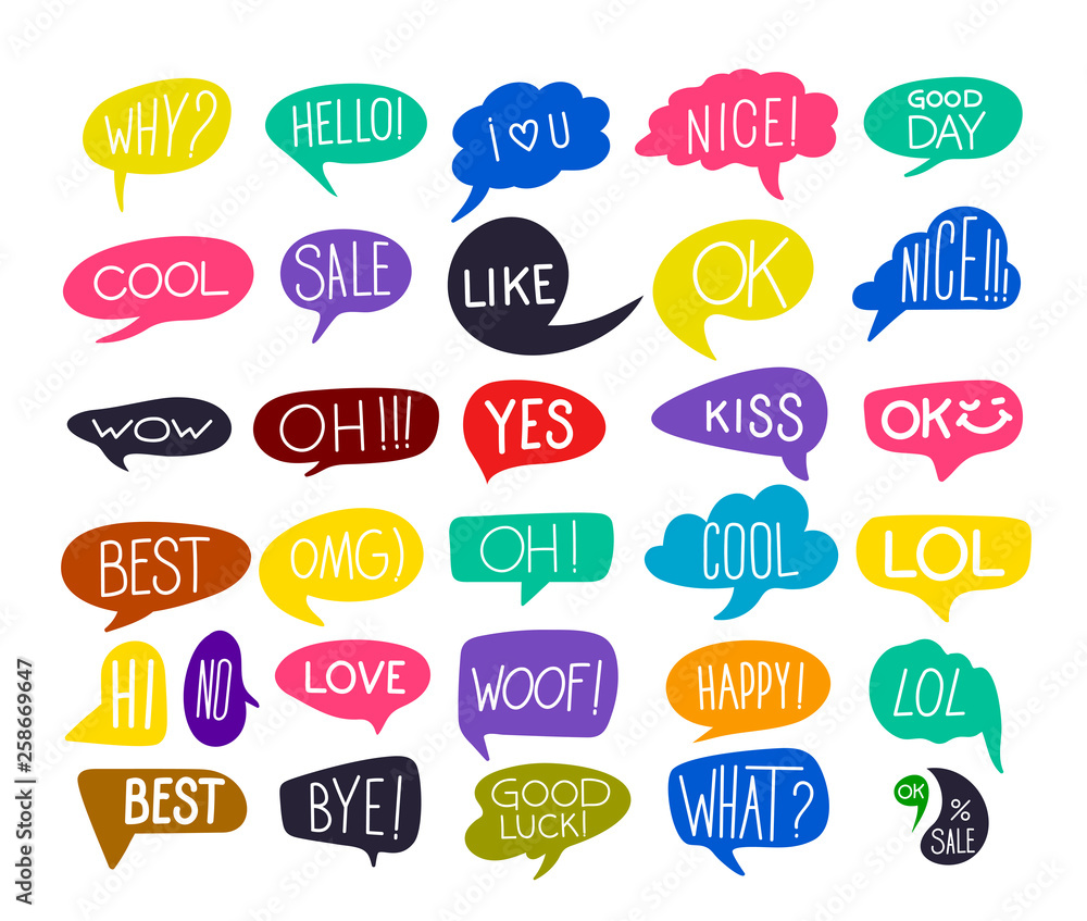 Poster set of colorful questions speech bubbles in flat design with short messages. flat design. vector ill