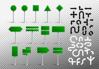 Set Of Green Traffic Signs. Road Board Text Panel, Mockup Signage Direction Highway City Signpost Location Street Arrow Way. Vector. Illustration. Isolated On Transparent Background.