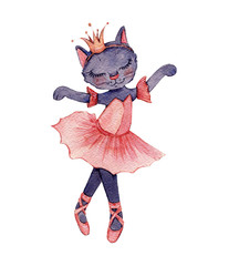 Watercolour illustration of a cute ballerina cat dressed in a coral tutu and wearing a golden crown isolated on white background © Anna