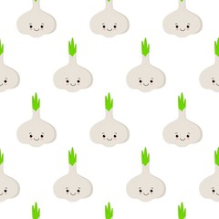 Garlic, vector seamless pattern with cute cartoon vegetable characters isolated on white