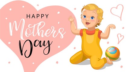 Mother s day greeting card with relistic cartoon and rubber ball baby and flowers - women s day - 8 march