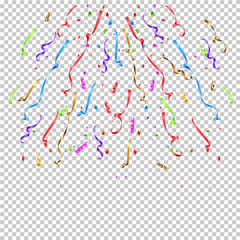 Falling multicolor serpentine isolated on transparent background. Vector holiday design element.