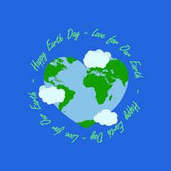 happy earth day illustration have circle typography at the middle typography have heart earth and cloud surrounding. happy earth day, 22 april. earth day logo, earth illustration. world map vector