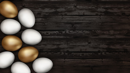 Close up of gold and white easter eggs on wooden background. Rustic dark background. Golden Easter eggs on a wooden table. Invitation template design, greeting card, place for text