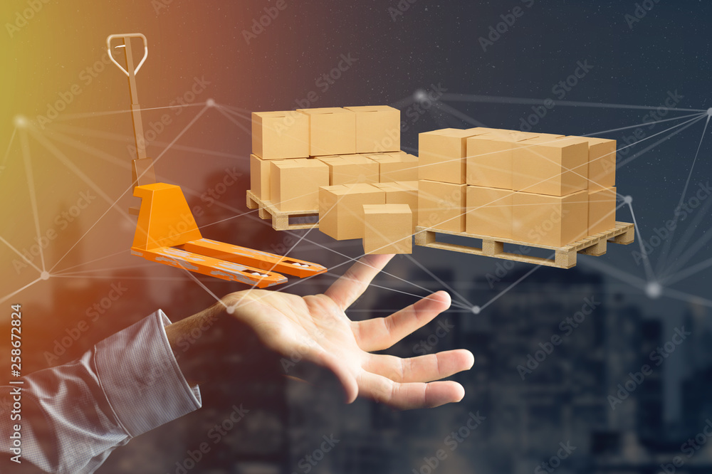 Poster pallet truck and carboxes with network connection system - 3d render