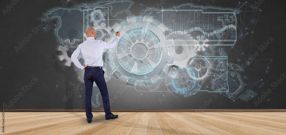 Poster man holding a technology interface 3d rendering