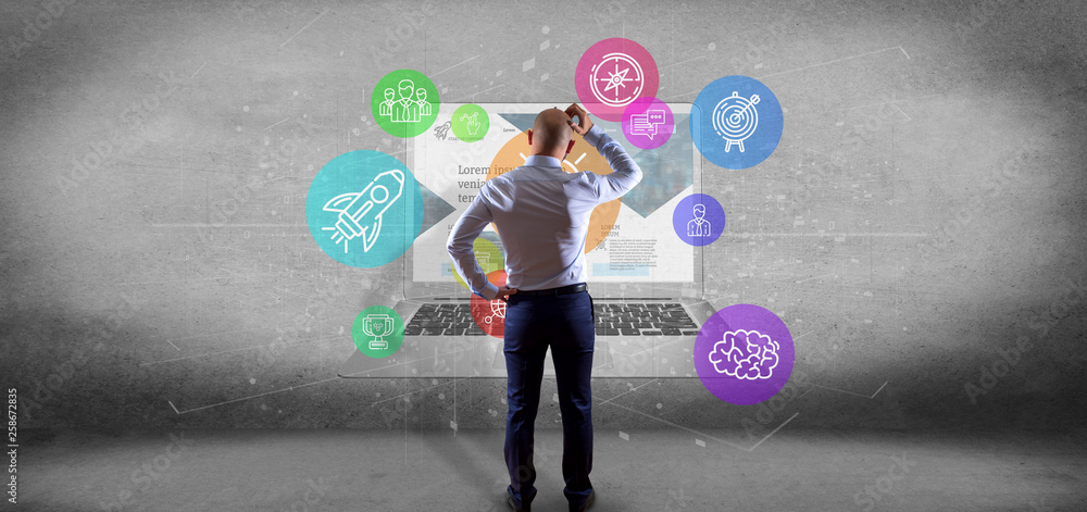 Poster businessman in front of a cloud of colorfull start up icon bubble with a laptop 3d rendering