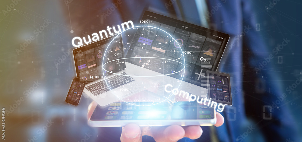 Poster businessman holding quantum computing concept with qubit and devices 3d rendering