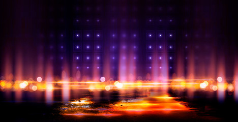 Dark empty scene, multicolored neon searchlight light, abstract bokeh light, wet asphalt, smoke, night view, rays.