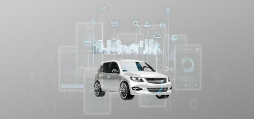Dashboard smartcar interface with multimedia icon and city map on a background 3d rendering