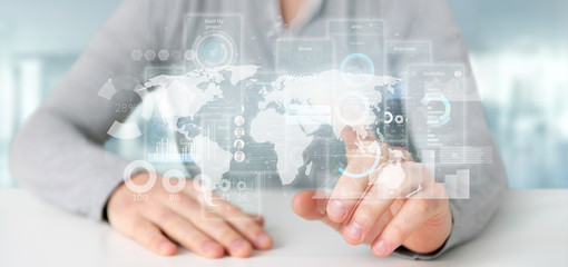 Businessman holding User interface screens with icon, stats and data 3d rendering