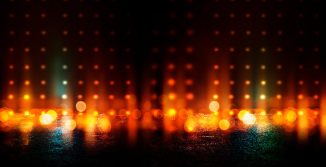 Dark empty scene, multicolored neon searchlight light, abstract bokeh light, wet asphalt, smoke,...