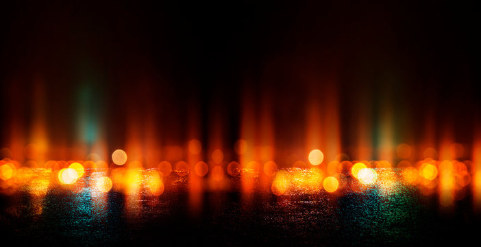 Dark empty scene, multicolored neon searchlight light, abstract bokeh light, wet asphalt, smoke, night view, rays.