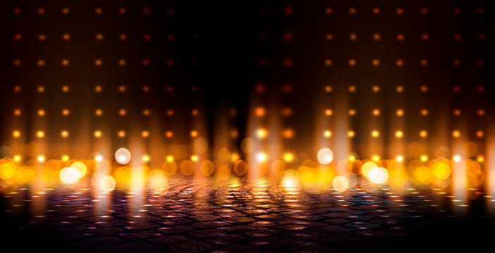 Dark empty scene, multicolored neon searchlight light, abstract bokeh light, wet asphalt, smoke, night view, rays.