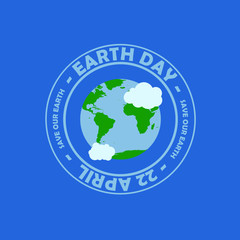 blue circle typography earth day at the middle have earth with cloud. happy earth day, 22 april. earth day logo, earth illustration. world map vector.
