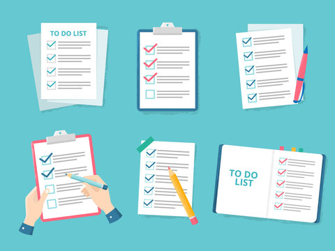 Business checklist. Priority list checks, check mark list and checking paper to do checklists flat vector illustration set