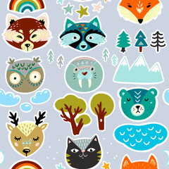 Seamless pattern with animals hand drawn faces and nature elements. Kids illustration