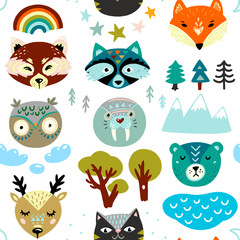 Seamless pattern with animals hand drawn faces and nature elements. Kids illustration