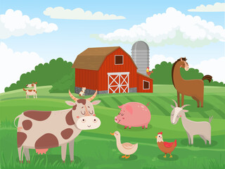 Farm animals. Village animal farms, cows red barn and cattle field landscape cartoon vector illustration