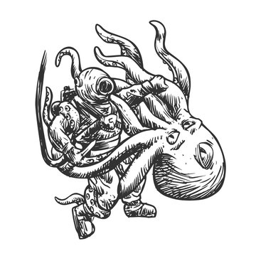 Diver struggling with octopus - Vector illustration