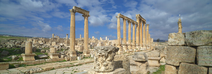 Ancient Jerash, ruins and main colonnaded street of the Greco-Roman city of Gera at Jordan