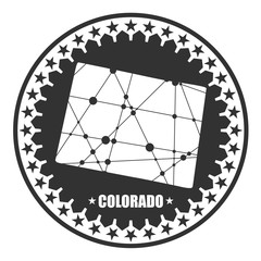 Image relative to USA travel. Colorado state map textured by lines and dots pattern. Stamp in the shape of a circle