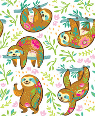 Sloth bear animal characters in floral ornament seamless pattern