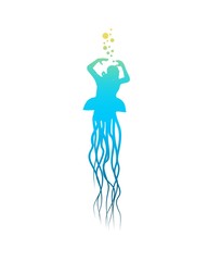 Silhouette of diver. Jellyfish as lower part of the body. The concept of sport diving.