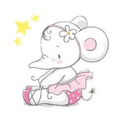 Hand drawn vector illustration of a cute baby elephant ballerina in a pink tutu.