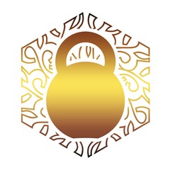 Kettlebell icon in the ornamental frame. Flat style simple symbol. Element for sporty club emblem