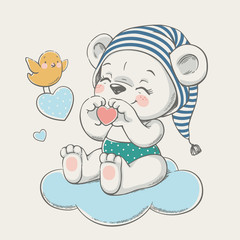 Hand drawn vector illustration of a cute baby bear in a striped nightcap, sitting on the cloud.