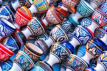 ESSAOUIRA, MOROCCO - NOVEMBER 20, 2018: Moroccan pottery in Essaouira. Colorful ceramics and...