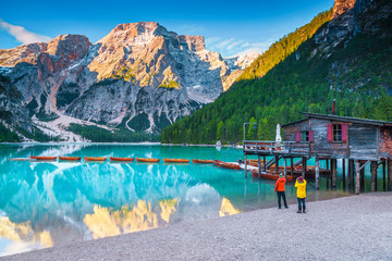 Summer alpine landscape with turquoise mountain lake, Dolomites, Italy, Europe