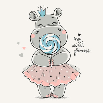 Hand drawn vector illustration of a cute hippo princess in a pink dress and with a big lollipop in her hands.