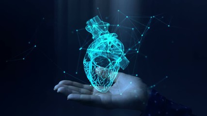 Blue hologram heart structure rotating in woman hands. Futuristic medical concept. - Powered by Adobe