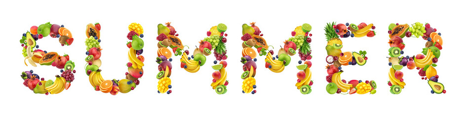 Word summer made of different fruits and berries, fruit font isolated on white background