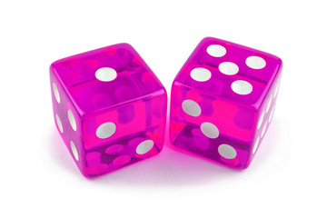 Two pink dice isolated on a white background. One and five are so close.