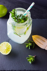 Mojito and mint on black background. Refreshing cocktail with lime and fresh mint on slate board. Two jars with handles with a summer drink with citrus and ice. Manual wooden juicer and mojito