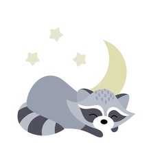 Vector illustration with a sleeping raccoon. Sweet dreams. Design element for cards, packaging, posters and other uses.